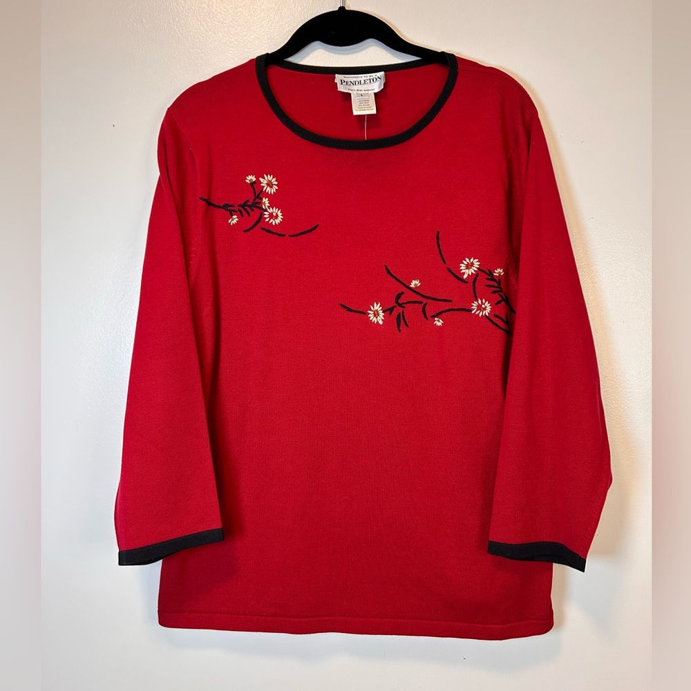 Vintage Pendleton Silk Blend Red Floral Embroidered Sweater Women’s Large